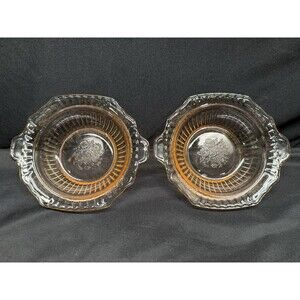 (2) Mayfair Open Rose Pink Depression Glass Vintage bowls handles flowers ribbed